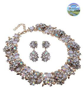 Vintage Crystal Rhinestone Choker Bib Statement Necklace Earring Set